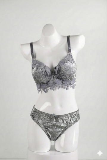 Luxury Floral Lace Padded Bra & Panty Set – Sliver