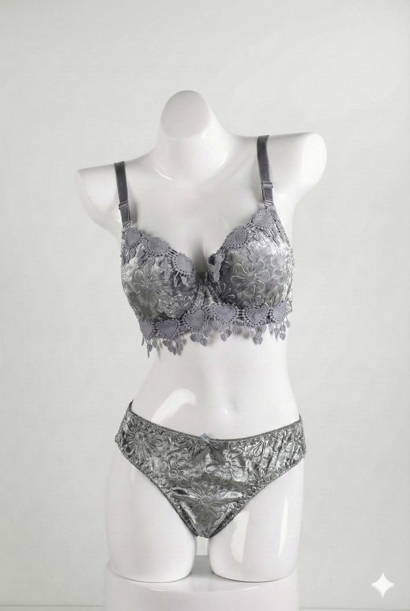 Luxury Floral Lace Padded Bra & Panty Set – Sliver