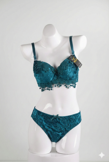 Luxury Floral Lace Padded Bra & Panty Set – Blue