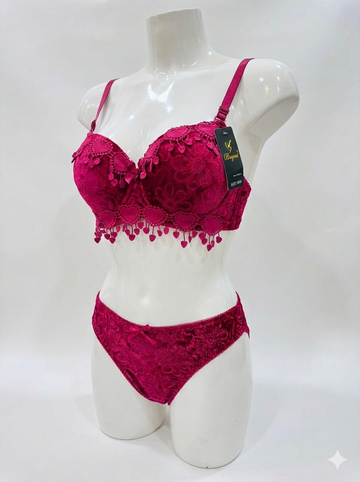 Luxury Floral Lace Padded Bra & Panty Set – Red