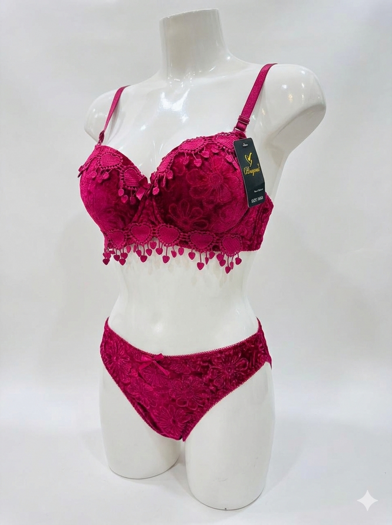 Luxury Floral Lace Padded Bra & Panty Set – Red