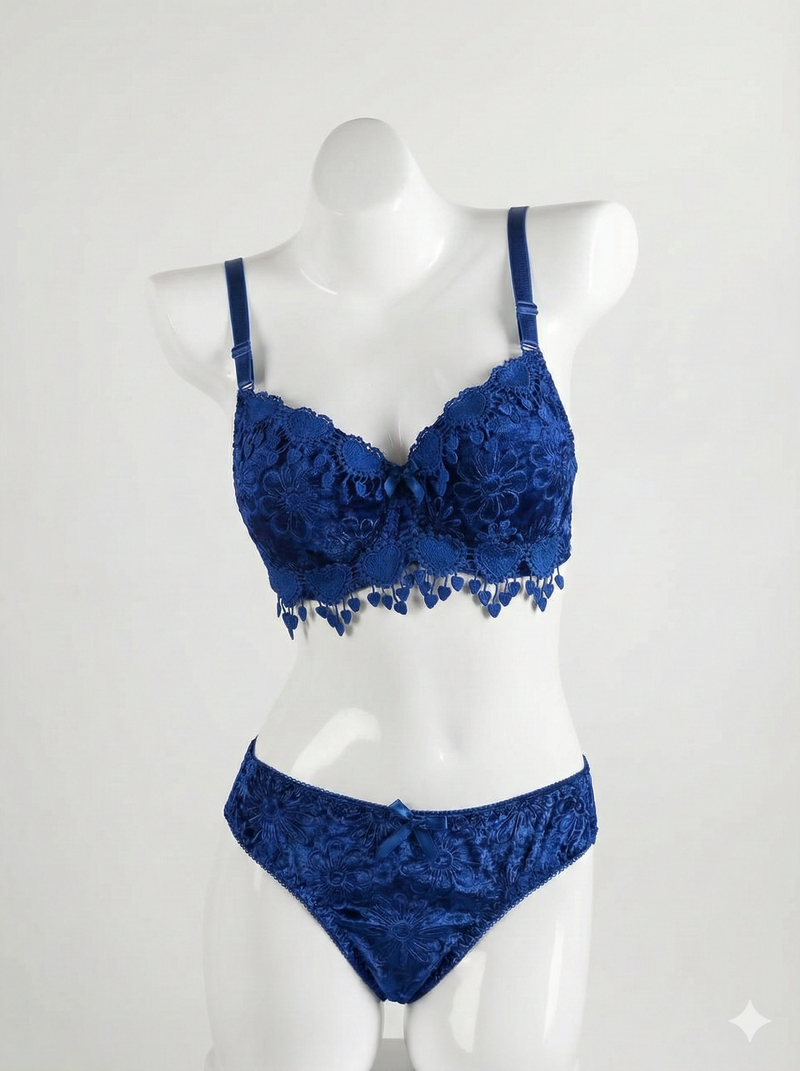 Luxury Floral Lace Padded Bra & Panty Set – Blue