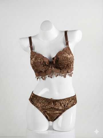 Luxury Floral Lace Padded Bra & Panty Set – Brown