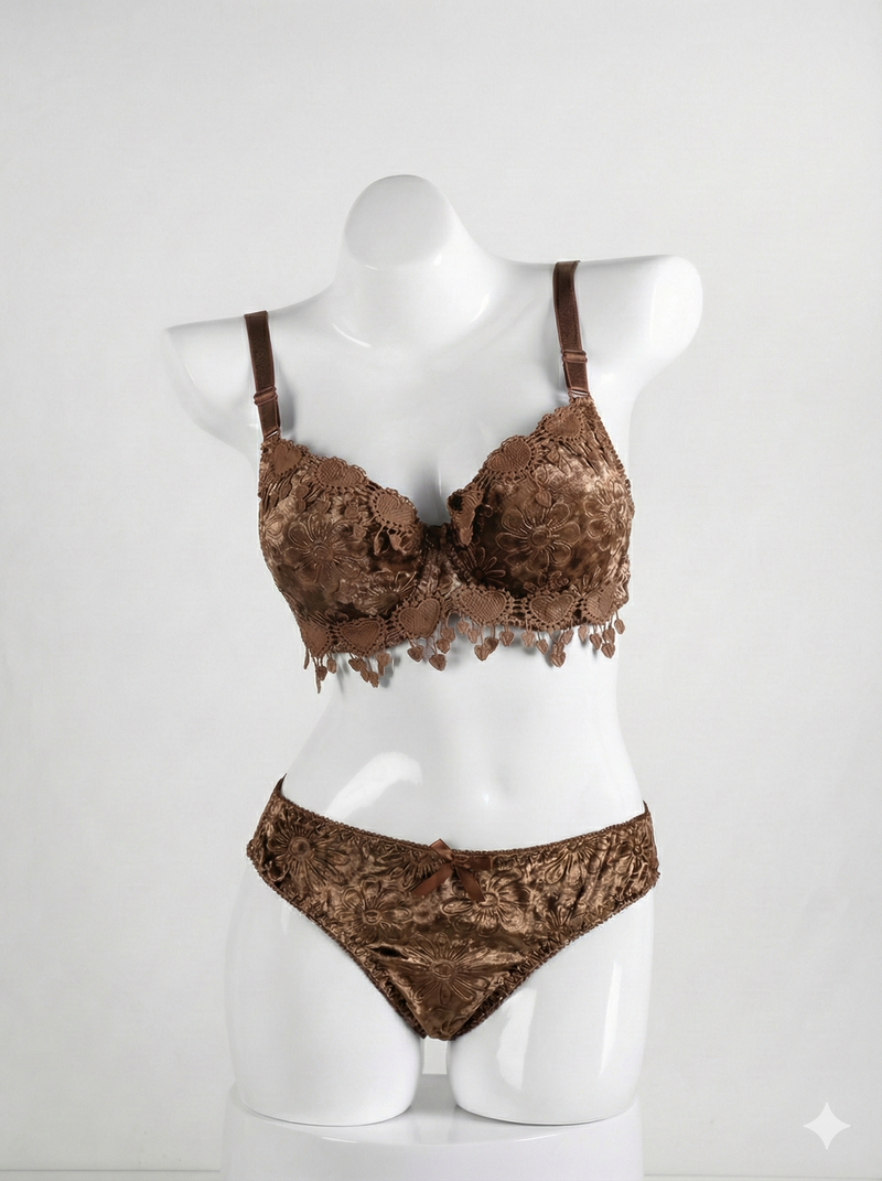 Luxury Floral Lace Padded Bra & Panty Set – Brown