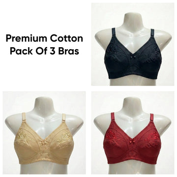 Cotton Pack of 3 Bras - Multi-Color Essential Set (Skin, Red, Black)